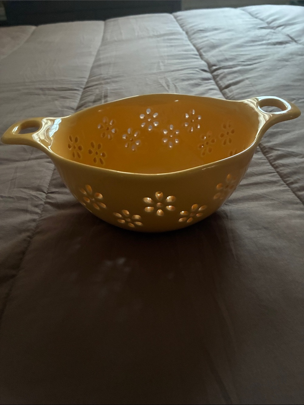 Ashland Yellow Ceramic Flower-Pattern Colander with Dual Handles